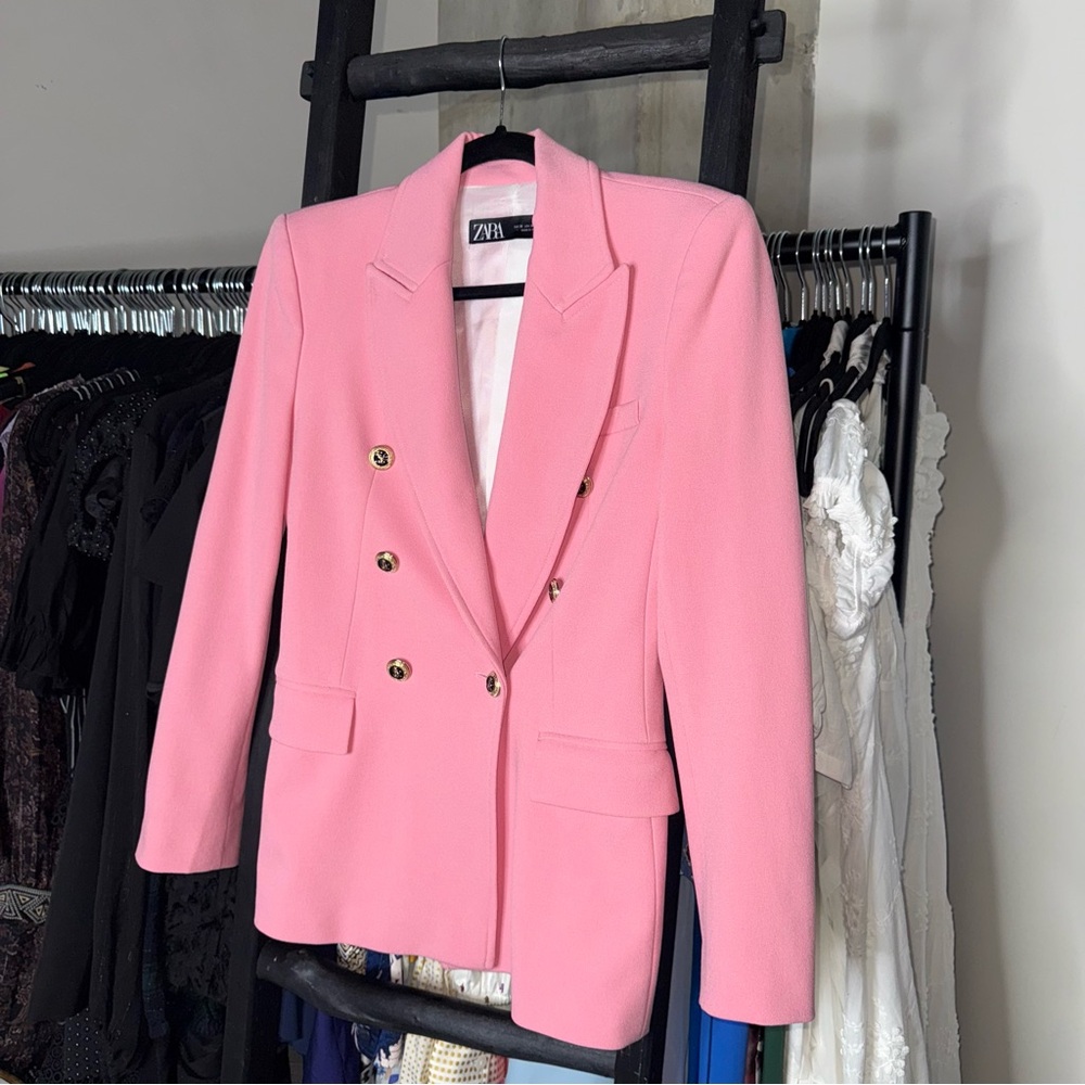 ZARA Double-Breasted Pink Crepe Blazer - Picture 6 of 17